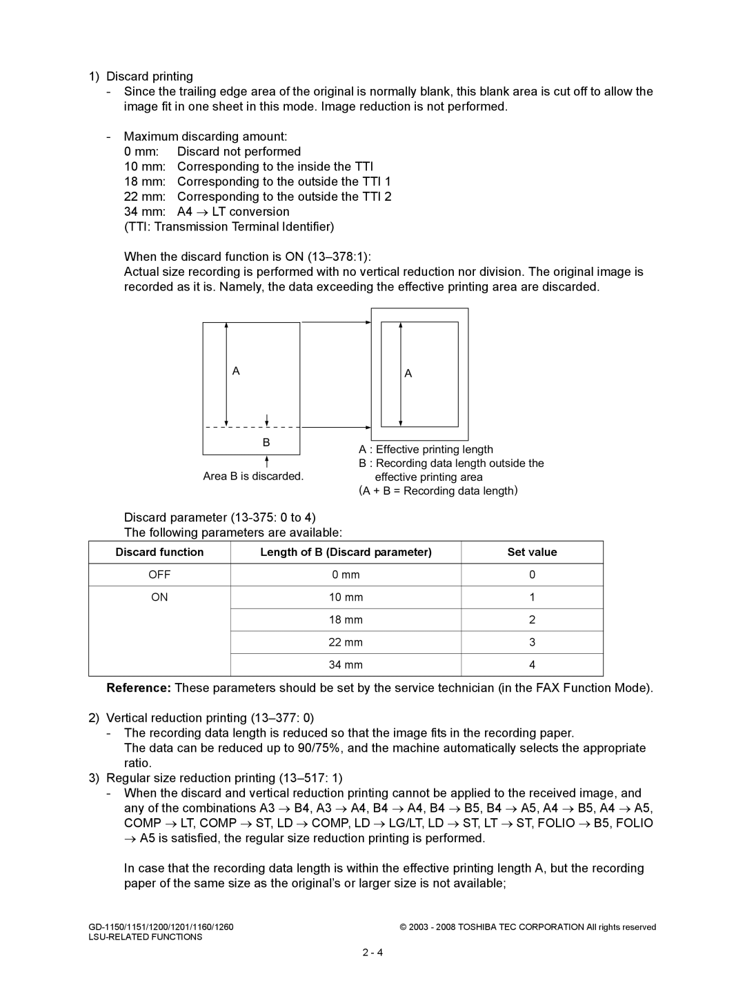 Toshiba GD-1260, GD-1160, GD-1201 Effective printing length, Discard function Length of B Discard parameter Set value, Off 