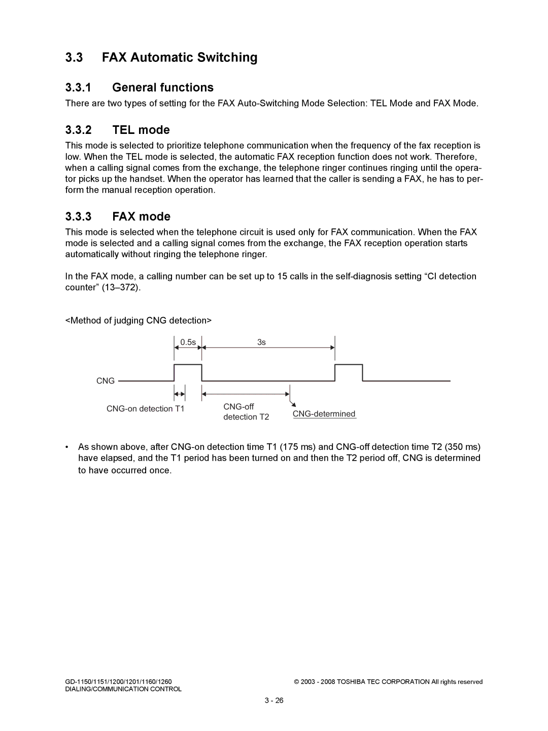 Toshiba GD-1201, GD-1260, GD-1160, GD-1151, Model: GD-1150 FAX Automatic Switching, General functions, TEL mode, FAX mode 