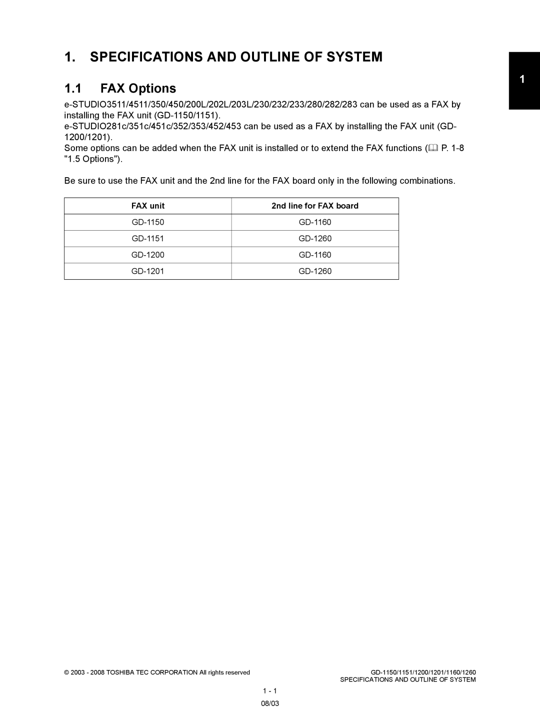 Toshiba Model: GD-1150, GD-1260, GD-1160, GD-1201, GD-1151 service manual FAX Options, FAX unit 2nd line for FAX board 