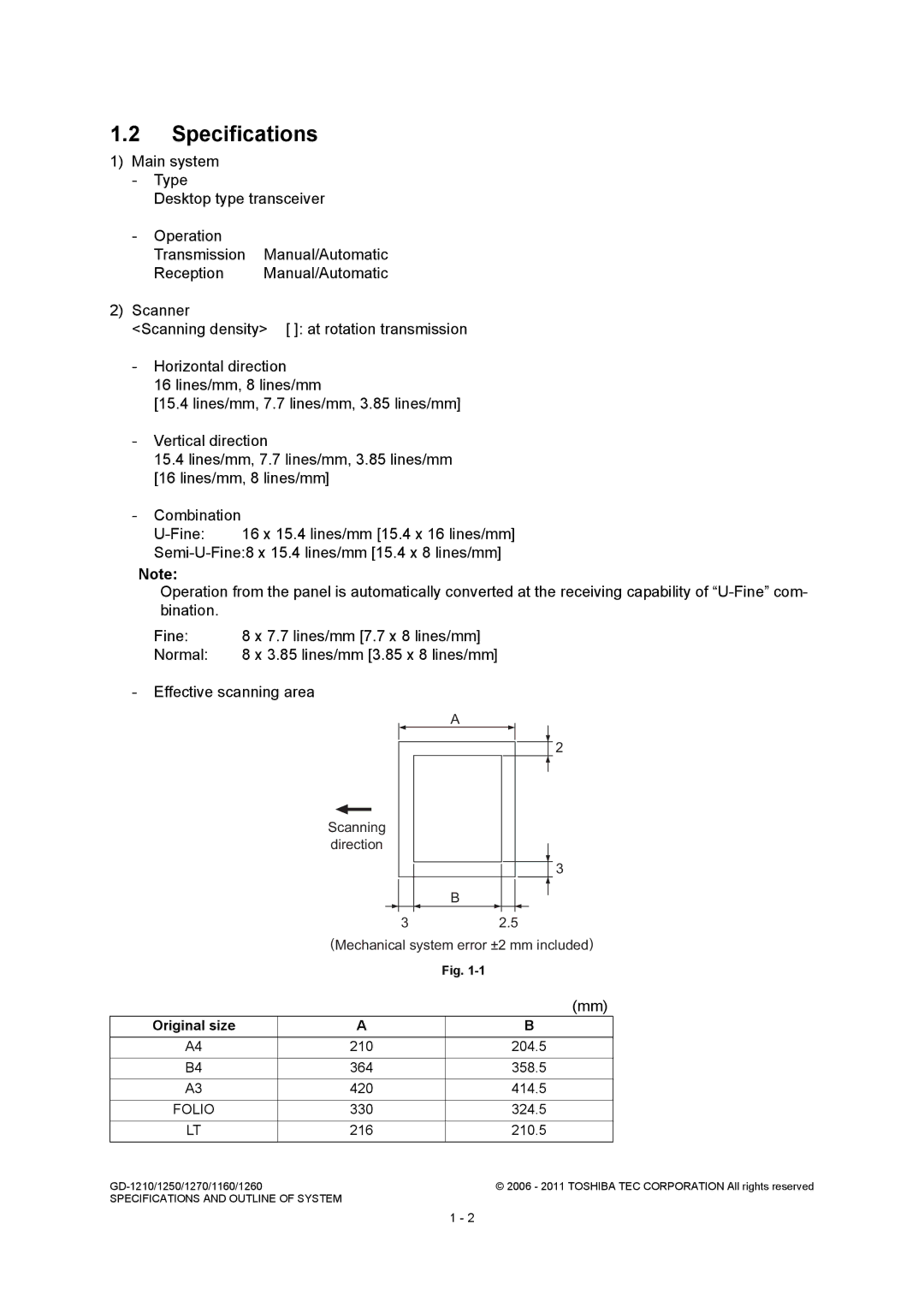 Toshiba GD-1260, GD-1250, GD-1270, GD-1160, GD-1210 service manual Specifications, Original size, Folio 