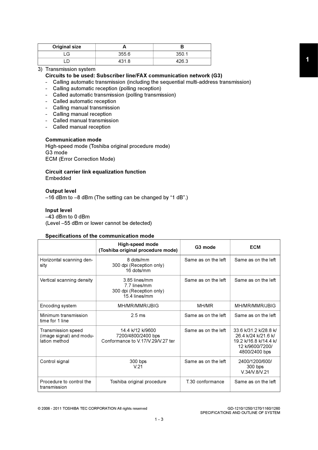 Toshiba GD-1250, GD-1260, GD-1270, GD-1160 Transmission system, Embedded, DBm to -8 dBm The setting can be changed by 1 dB 