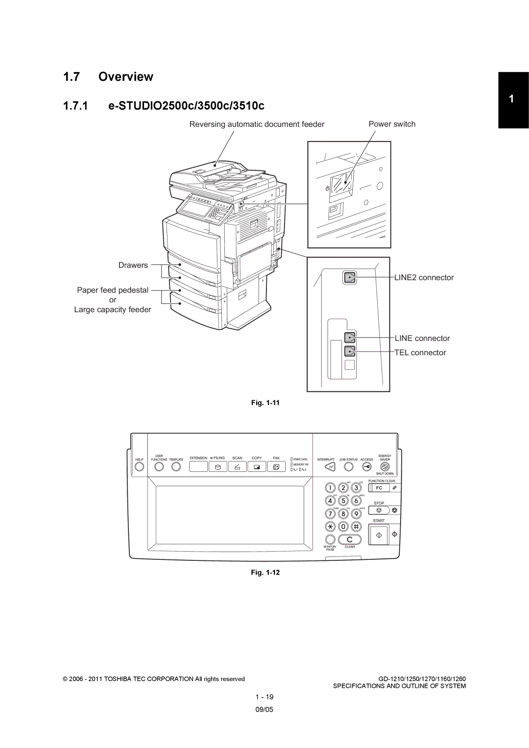 Toshiba GD-1270, GD-1260 Overview, Reversing automatic document feeder, LINE2 connector Line connector TEL connector 