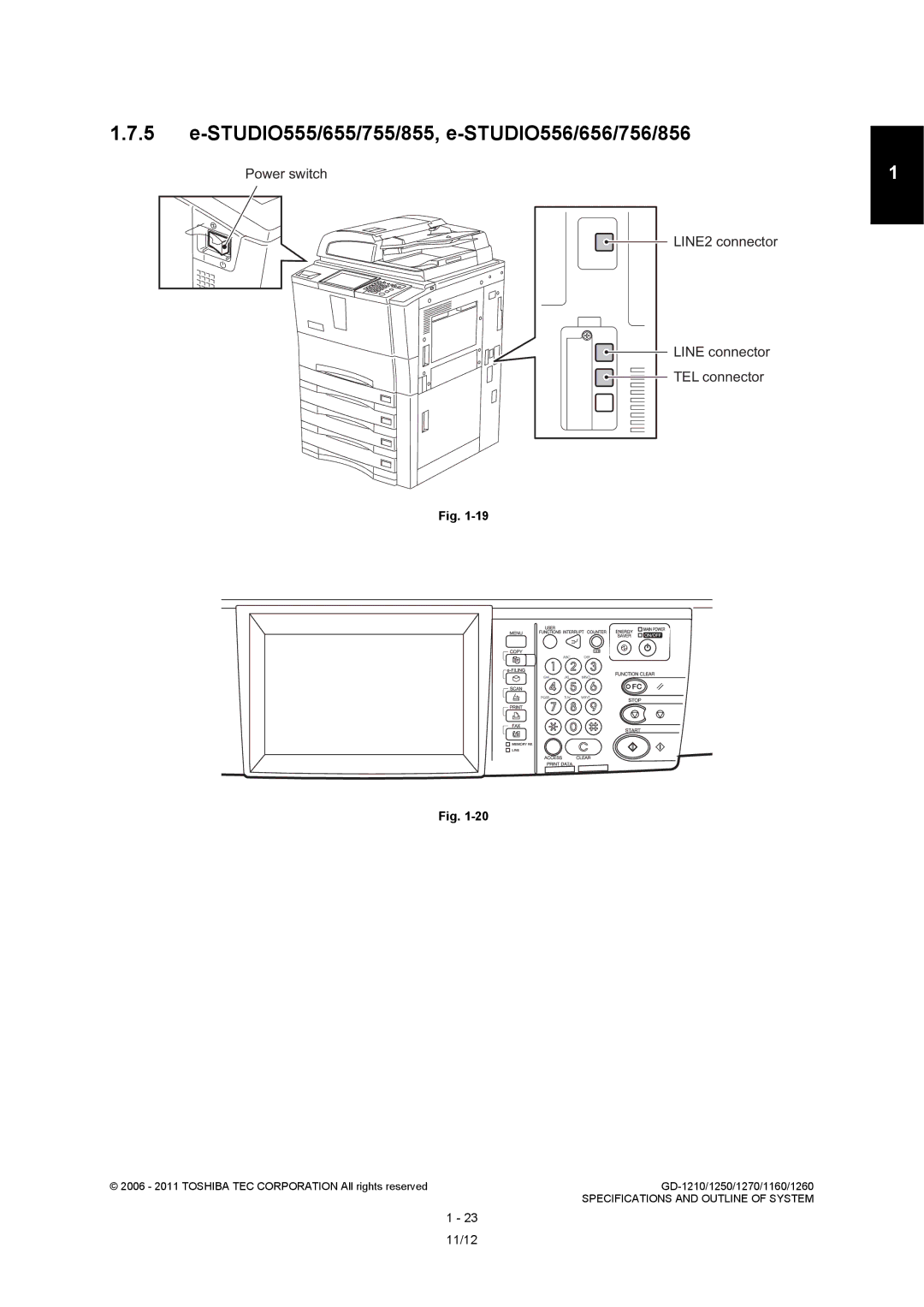 Toshiba GD-1250 STUDIO555/655/755/855, e-STUDIO556/656/756/856, Power switch LINE2 connector Line connector TEL connector 