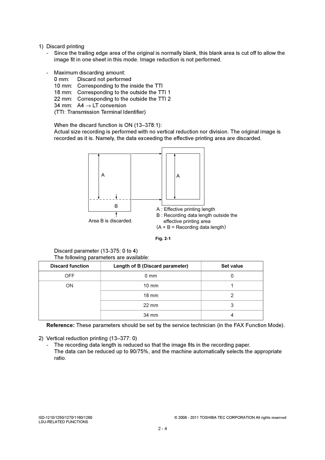 Toshiba GD-1250, GD-1260, GD-1270 Effective printing length, Discard function Length of B Discard parameter Set value, Off 