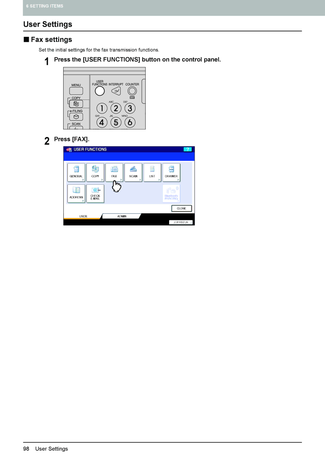 Toshiba GD-1250, GD-1260, GD-1270 manual User Settings, „ Fax settings 