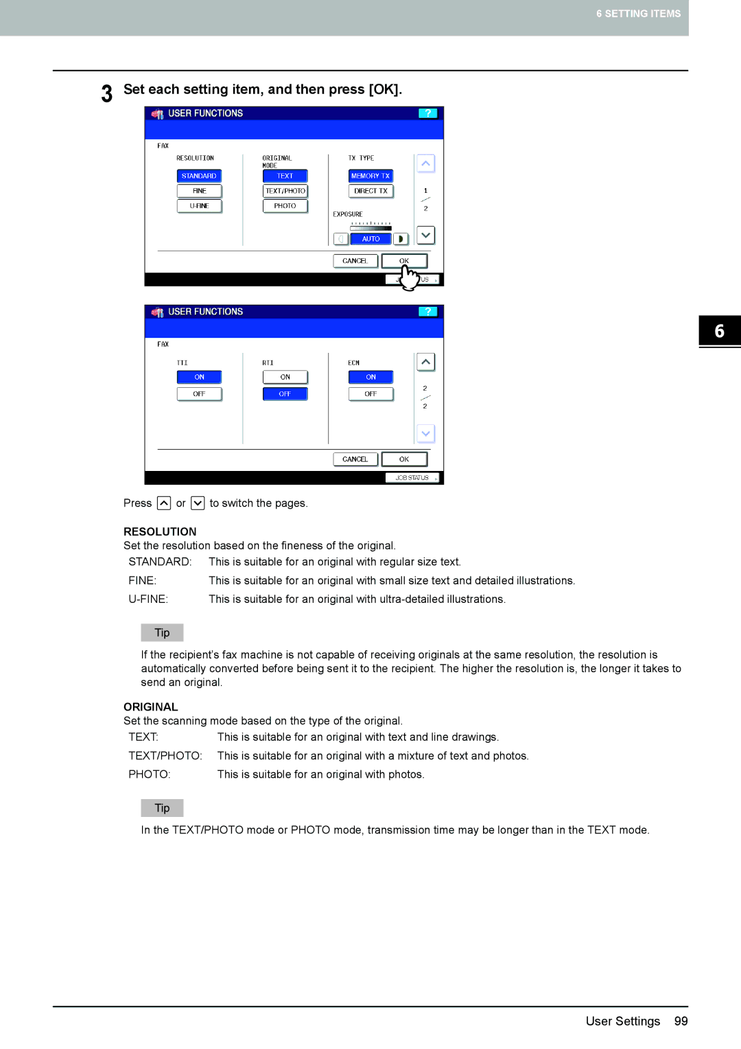 Toshiba GD-1270, GD-1260, GD-1250 manual Set each setting item, and then press OK, Resolution, Original 