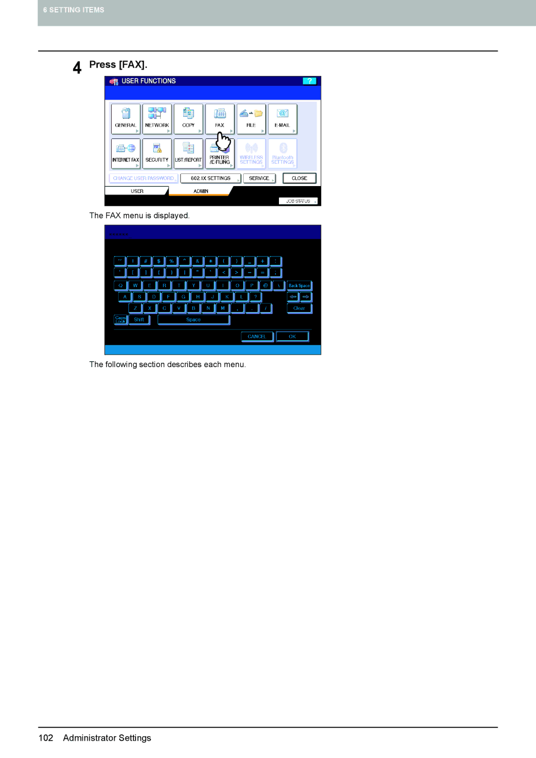 Toshiba GD-1270, GD-1260, GD-1250 manual FAX menu is displayed Following section describes each menu 