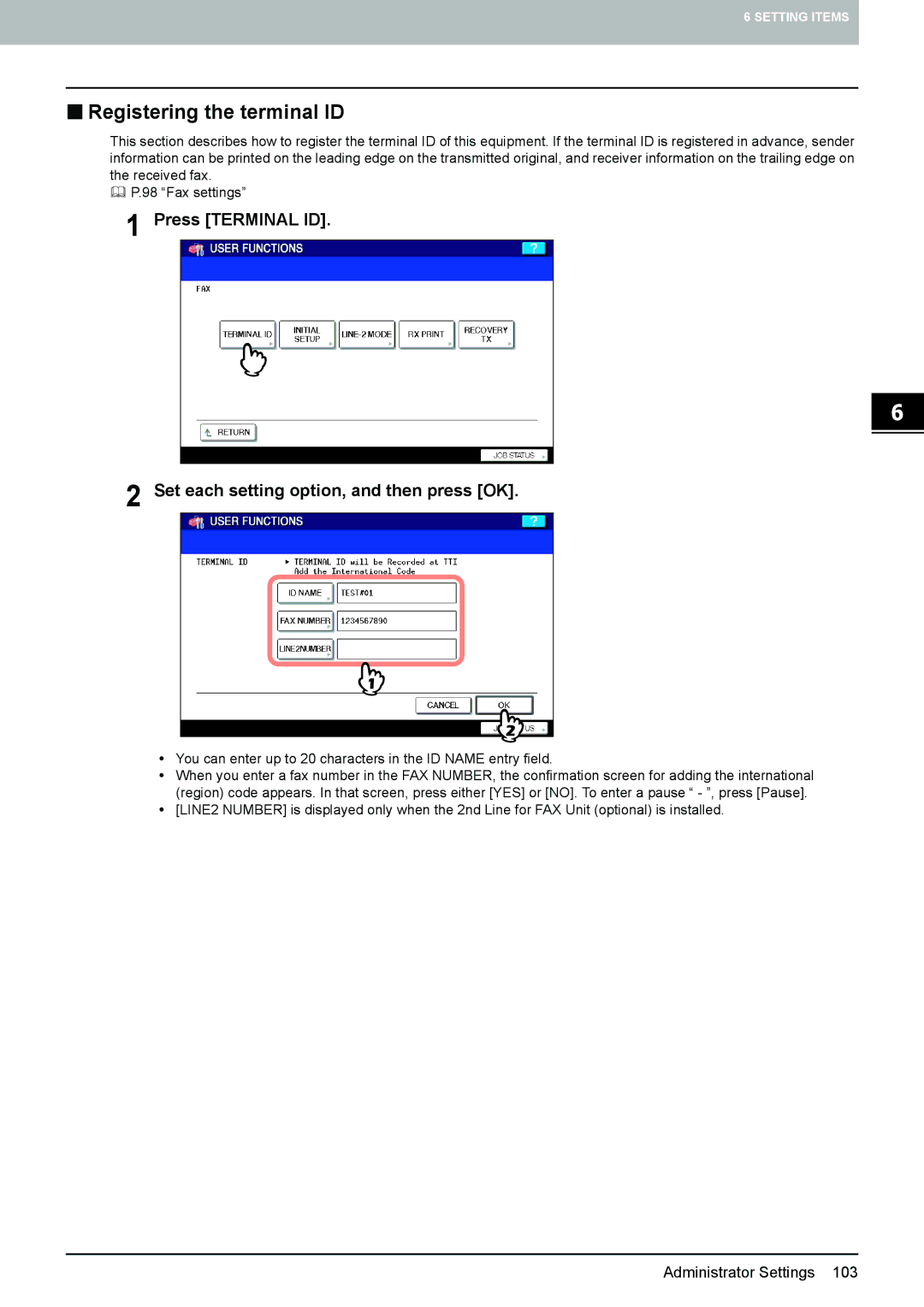 Toshiba GD-1260, GD-1250 manual „ Registering the terminal ID, Press Terminal ID Set each setting option, and then press OK 