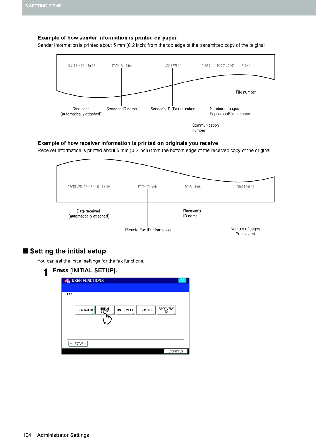 Toshiba GD-1250 „ Setting the initial setup, Press Initial Setup, Example of how sender information is printed on paper 