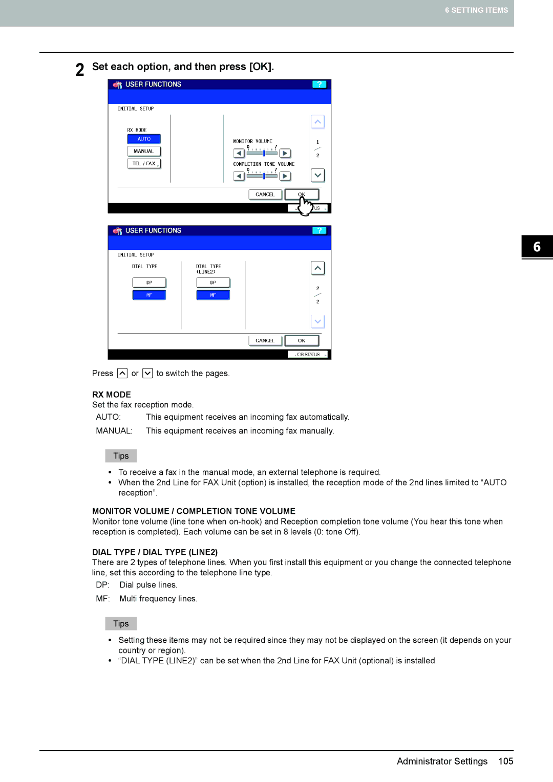 Toshiba GD-1270, GD-1260, GD-1250 manual Set each option, and then press OK, RX Mode, Monitor Volume / Completion Tone Volume 