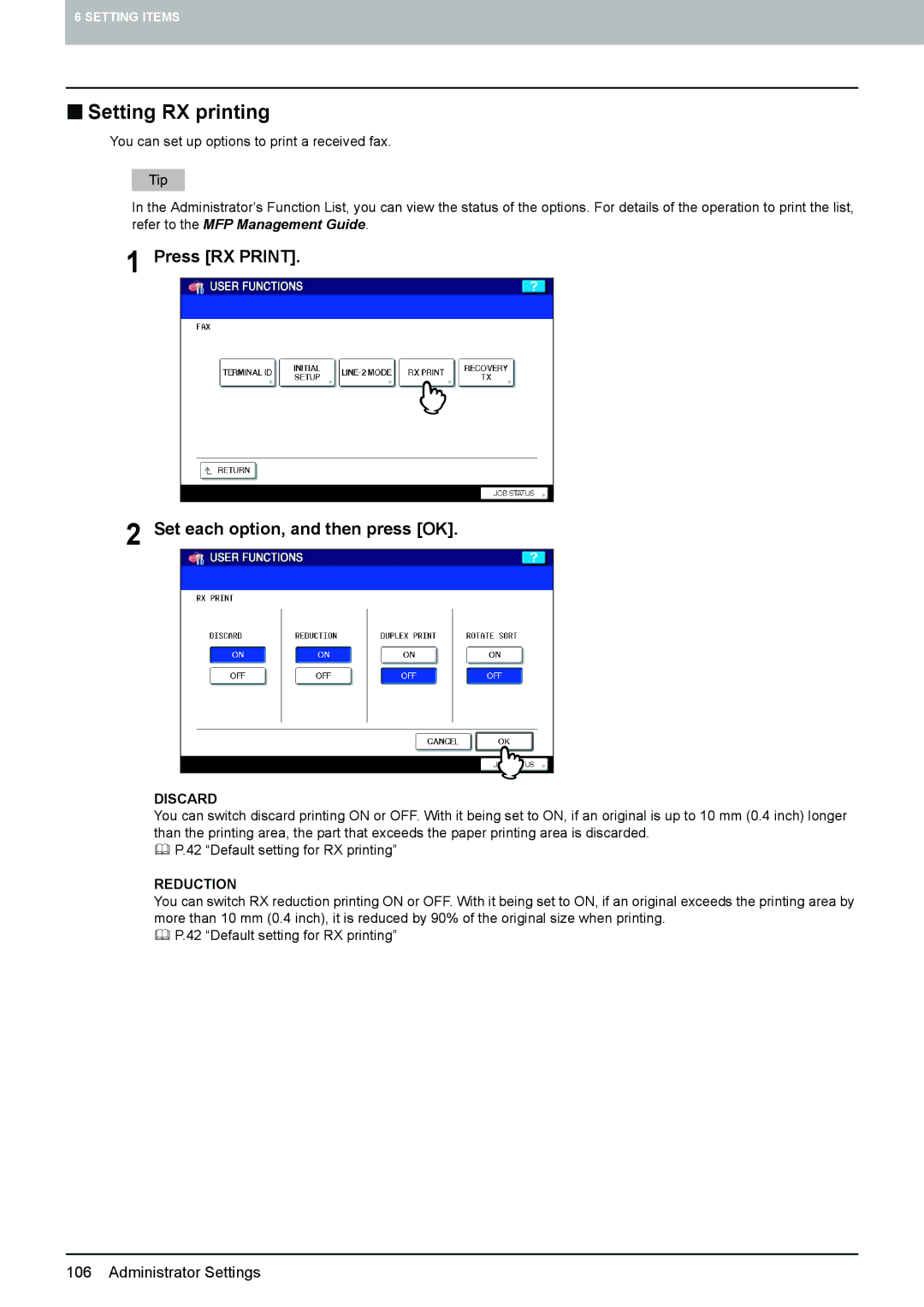 Toshiba GD-1260, GD-1250 manual „ Setting RX printing, Press RX Print Set each option, and then press OK, Discard, Reduction 