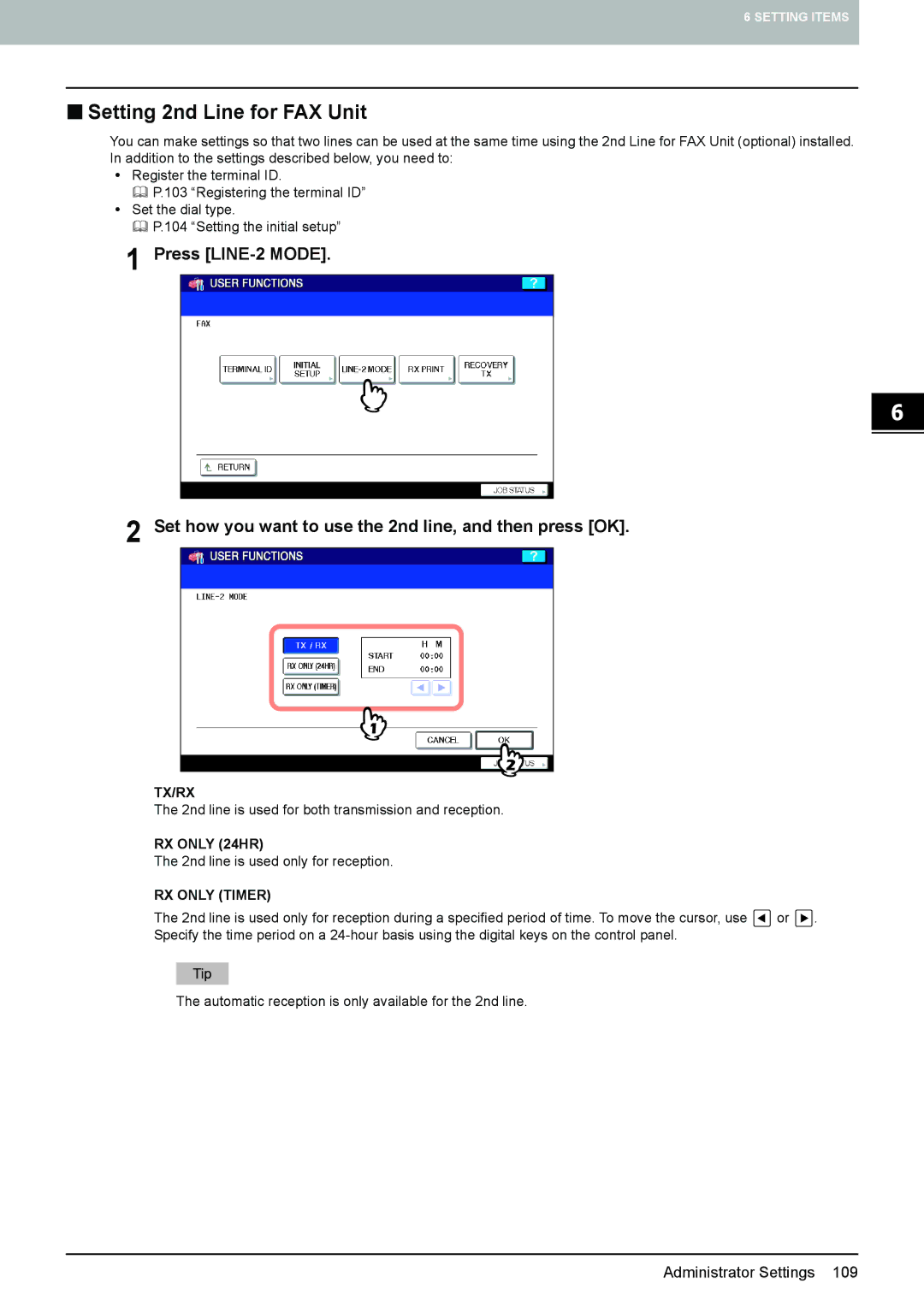 Toshiba GD-1260, GD-1250, GD-1270 manual „ Setting 2nd Line for FAX Unit, Tx/Rx, RX only 24HR, RX only Timer 