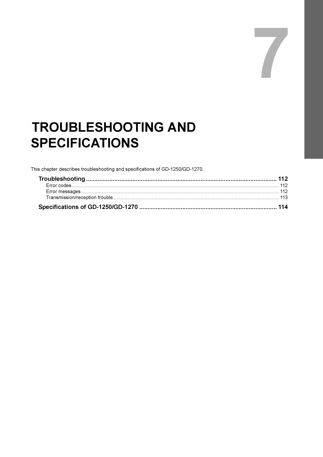 Toshiba GD-1260 manual Troubleshooting 112, Specifications of GD-1250/GD-1270 114 