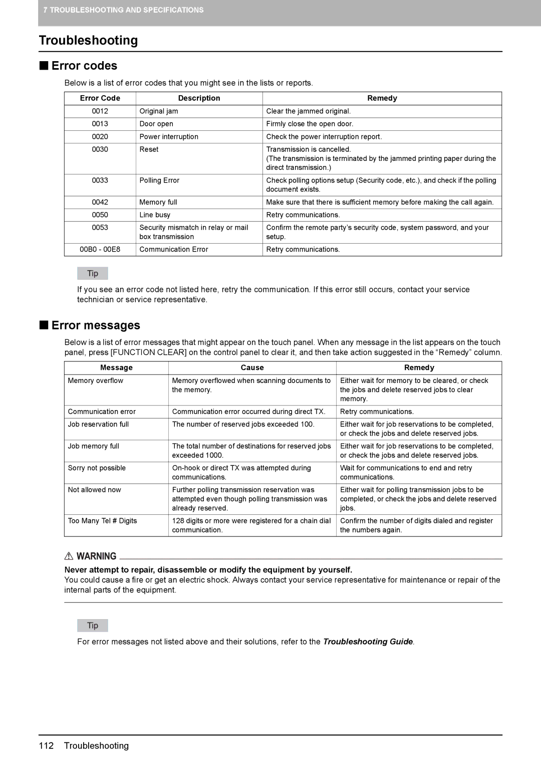 Toshiba GD-1260, GD-1250, GD-1270 manual Troubleshooting, „ Error codes, „ Error messages 