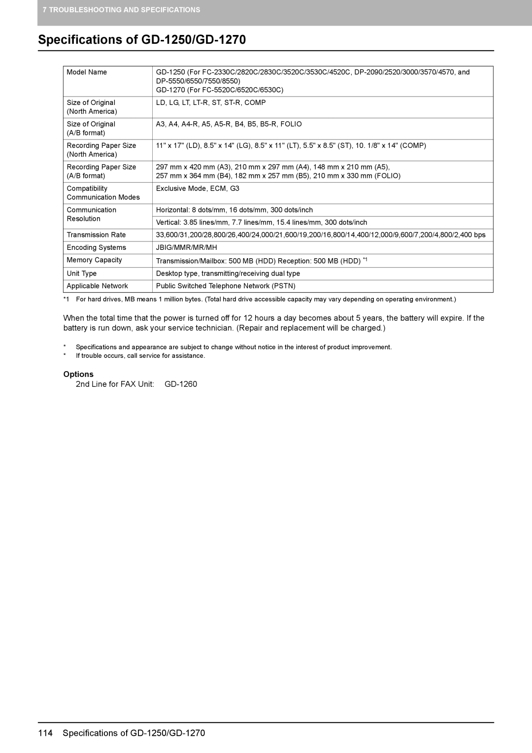 Toshiba GD-1260 manual Specifications of GD-1250/GD-1270, LD, LG, LT, LT-R, ST, ST-R, Comp 