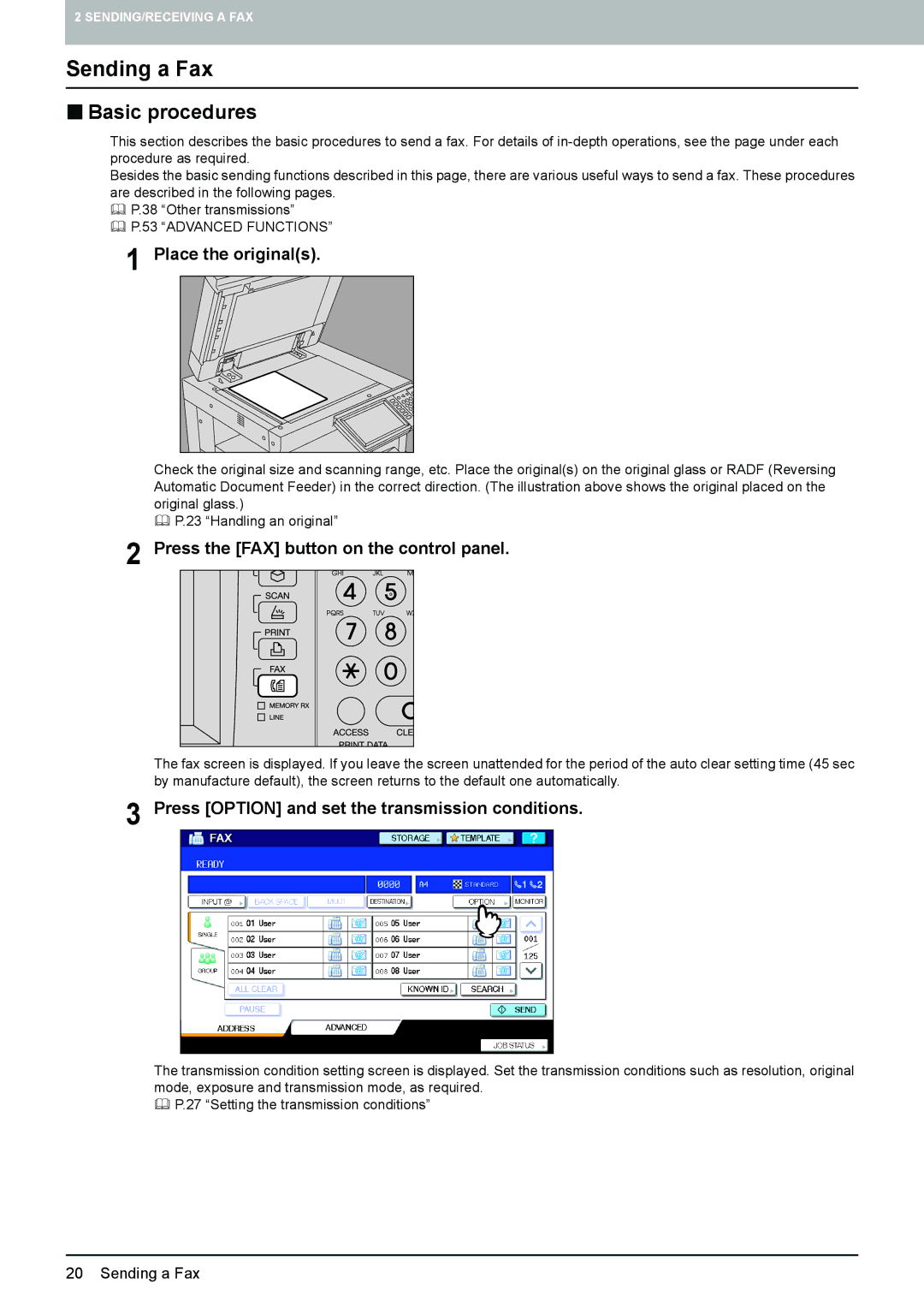 Toshiba GD-1250, GD-1260 Sending a Fax, „ Basic procedures, Place the originals, Press the FAX button on the control panel 