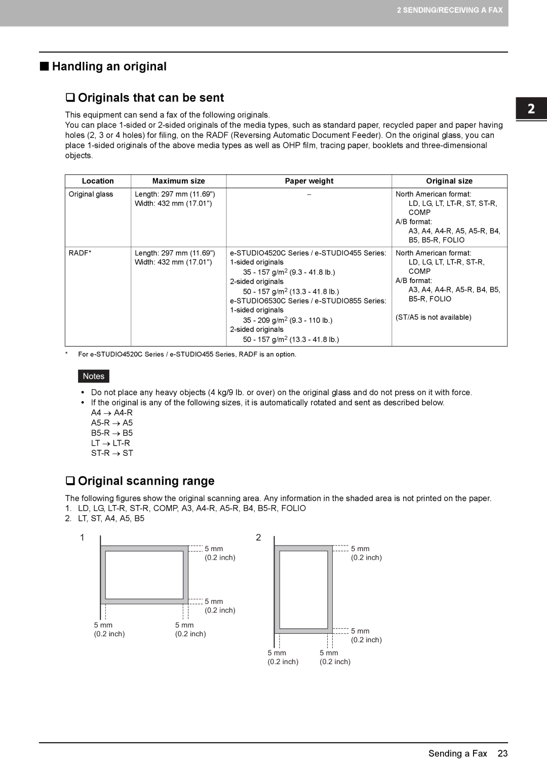 Toshiba GD-1250, GD-1260, GD-1270 manual „ Handling an original ‰ Originals that can be sent, ‰ Original scanning range 