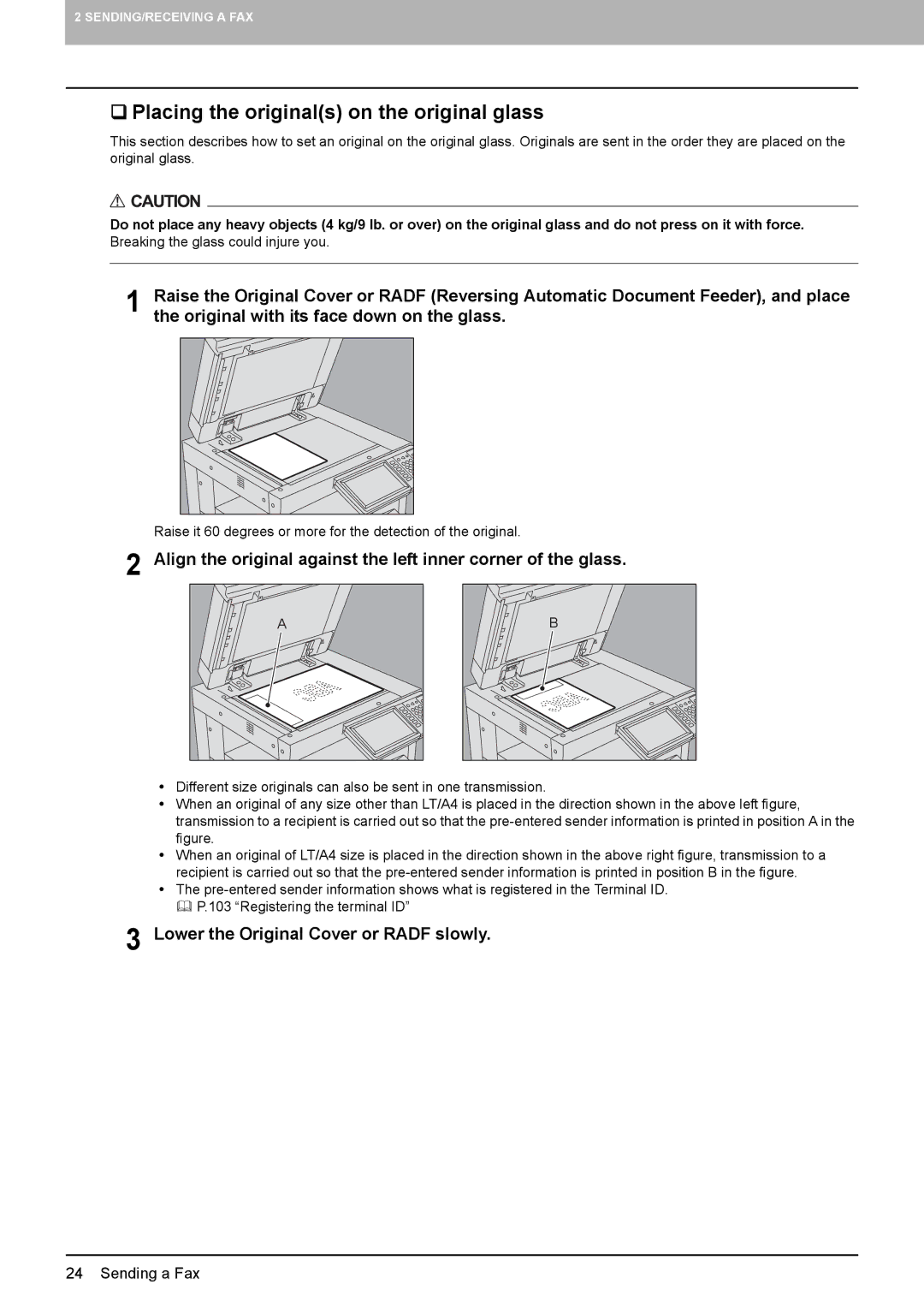 Toshiba GD-1270, GD-1260, GD-1250 ‰ Placing the originals on the original glass, Lower the Original Cover or Radf slowly 