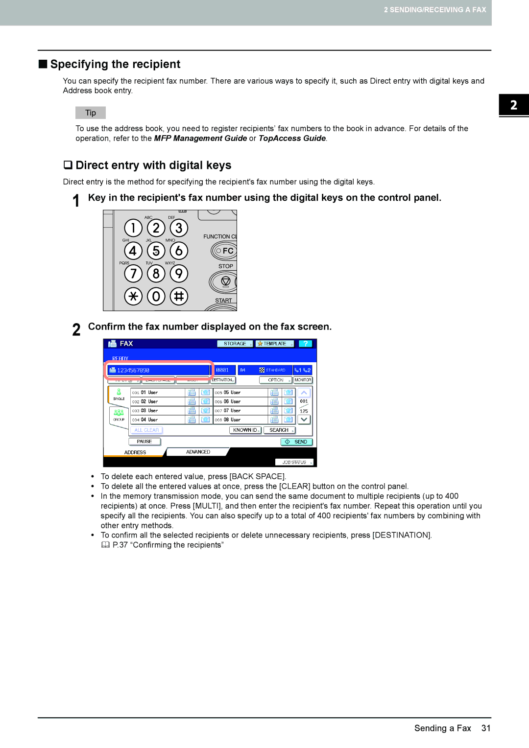 Toshiba GD-1260, GD-1250, GD-1270 manual „ Specifying the recipient, ‰ Direct entry with digital keys 