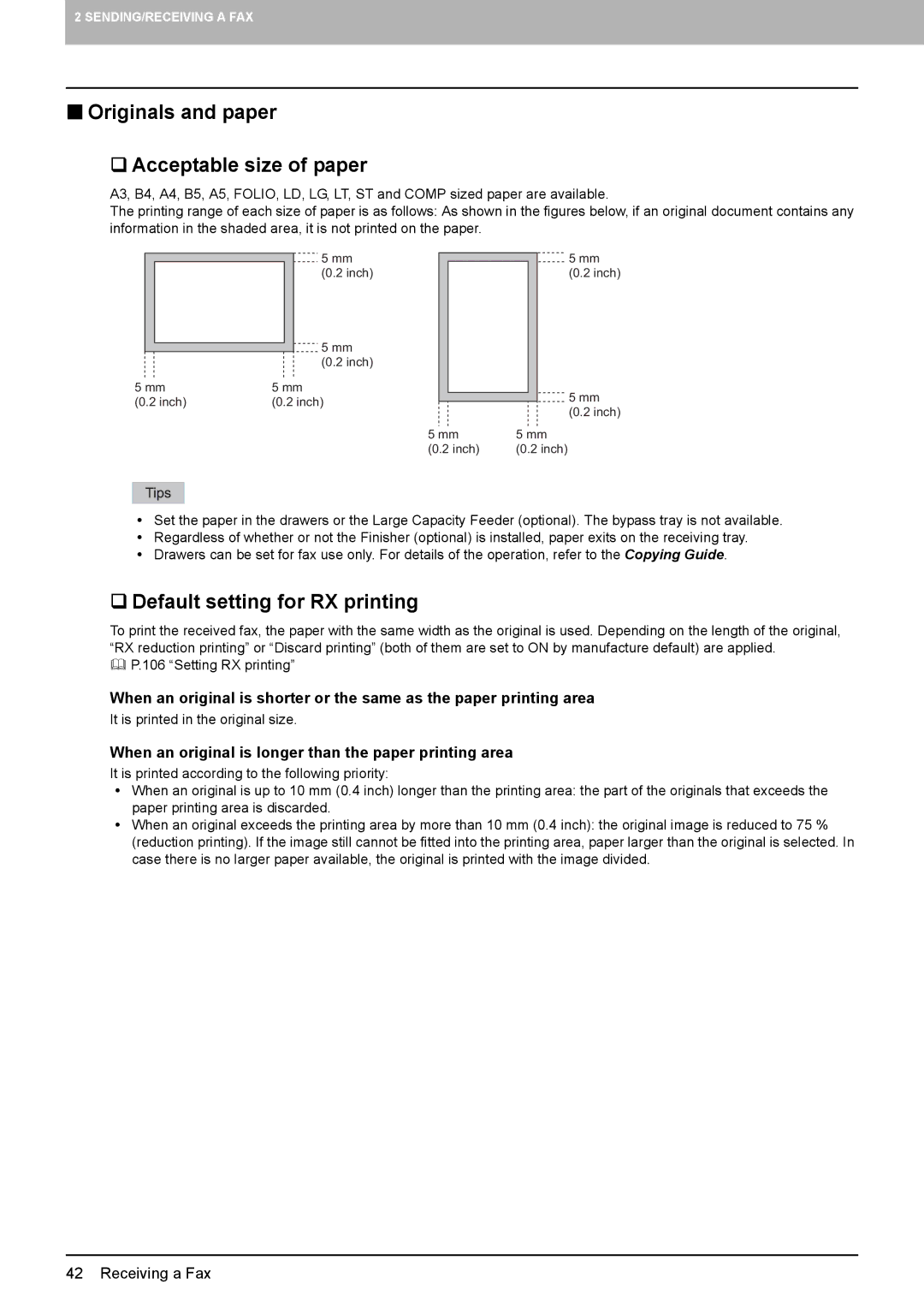 Toshiba GD-1270, GD-1260, GD-1250 manual „ Originals and paper ‰ Acceptable size of paper, ‰ Default setting for RX printing 