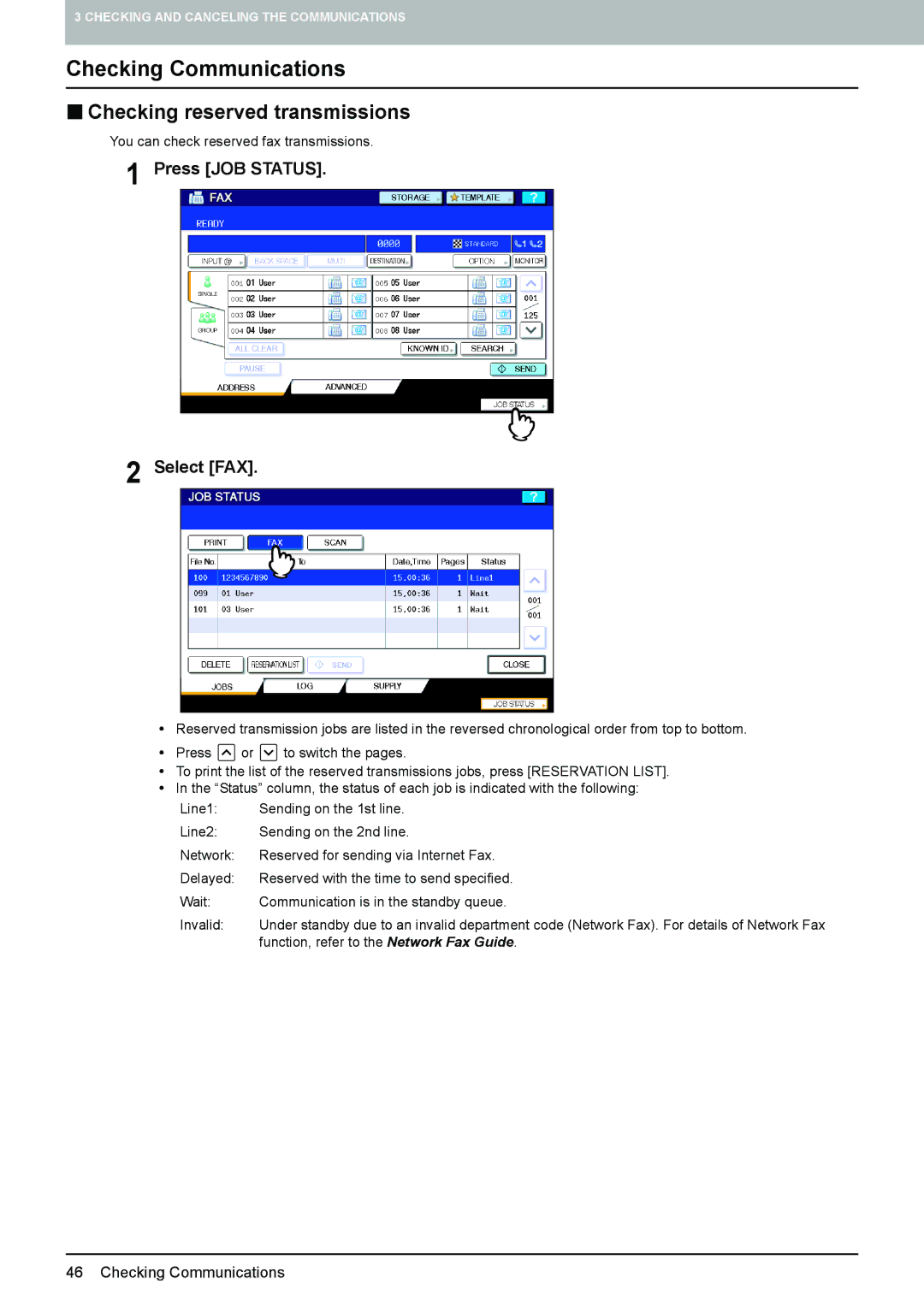 Toshiba GD-1260, GD-1250, GD-1270 Checking Communications, „ Checking reserved transmissions, Press JOB Status Select FAX 