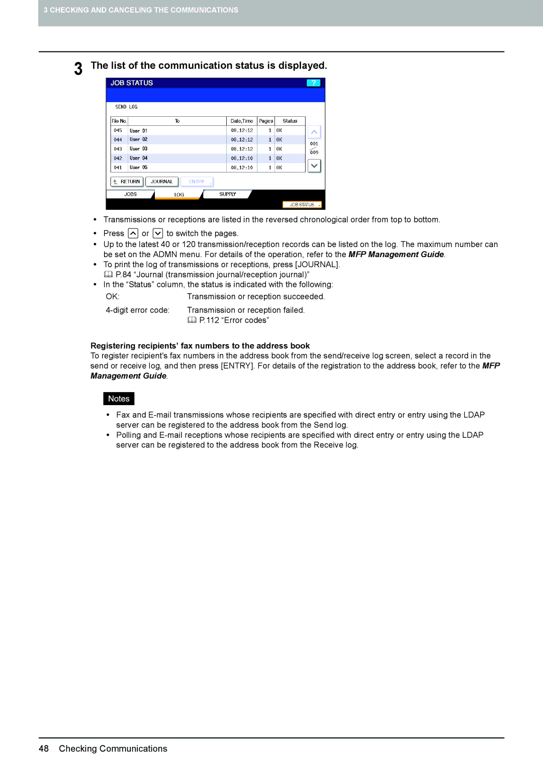 Toshiba GD-1270 List of the communication status is displayed, Registering recipients’ fax numbers to the address book 