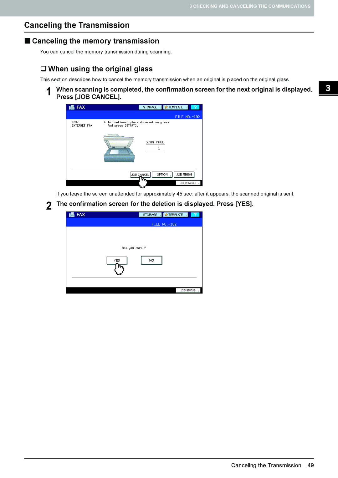 Toshiba GD-1260, GD-1250 Canceling the Transmission, „ Canceling the memory transmission, ‰ When using the original glass 