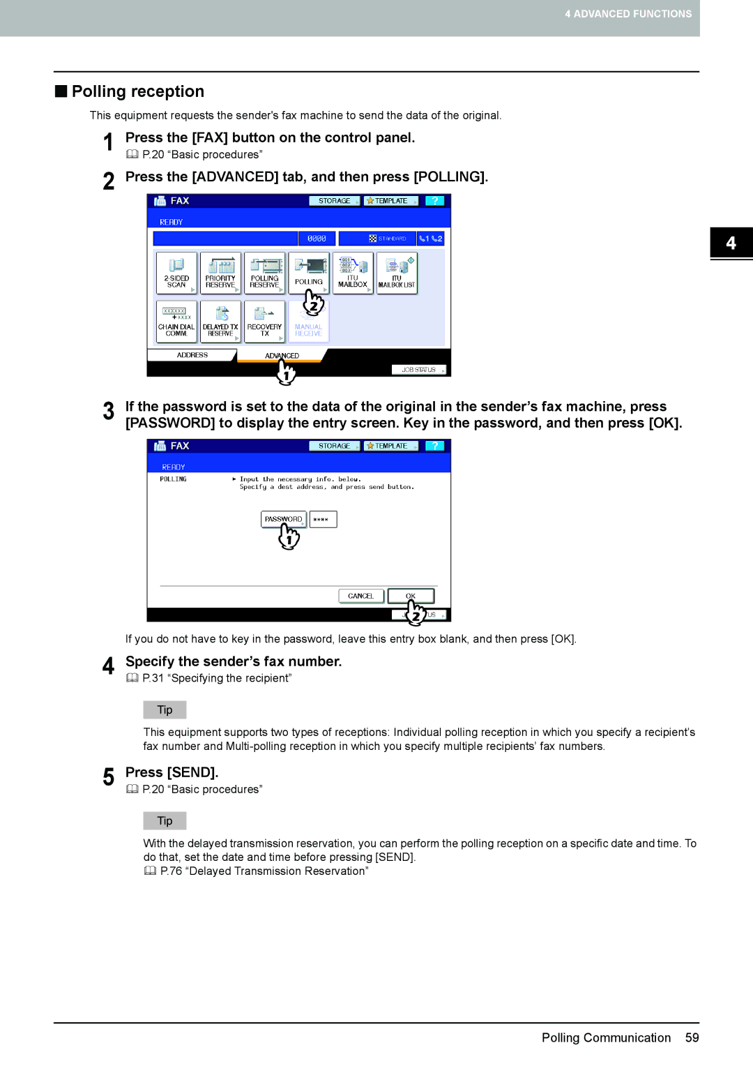 Toshiba GD-1250 manual „ Polling reception, Press the Advanced tab, and then press Polling, Specify the sender’s fax number 