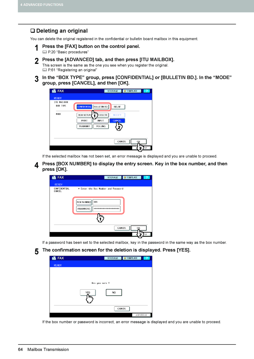 Toshiba GD-1260, GD-1250, GD-1270 manual ‰ Deleting an original, Confirmation screen for the deletion is displayed. Press YES 