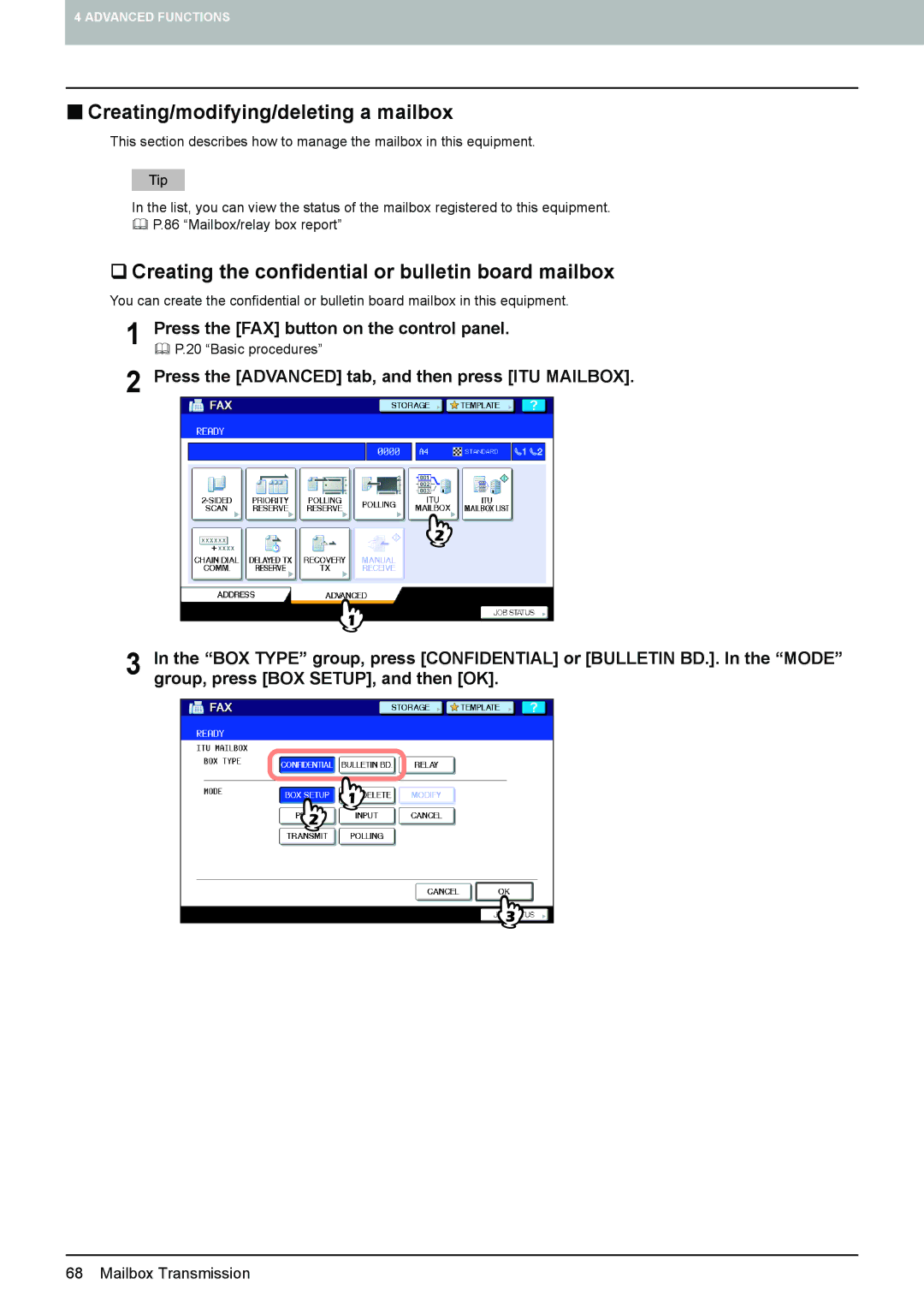 Toshiba GD-1250, GD-1260 „ Creating/modifying/deleting a mailbox, ‰ Creating the confidential or bulletin board mailbox 