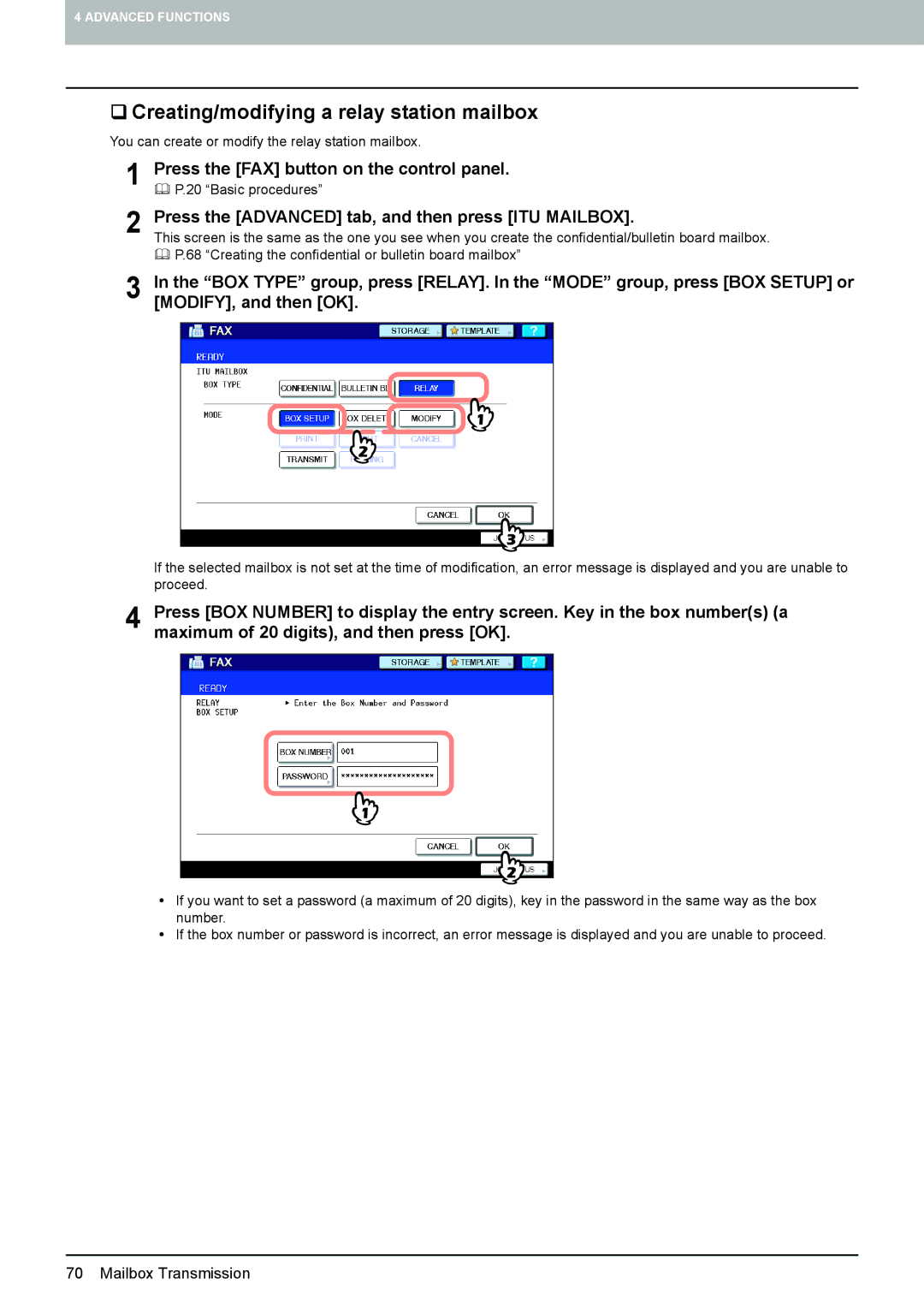 Toshiba GD-1260, GD-1250, GD-1270 manual ‰ Creating/modifying a relay station mailbox, MODIFY, and then OK 