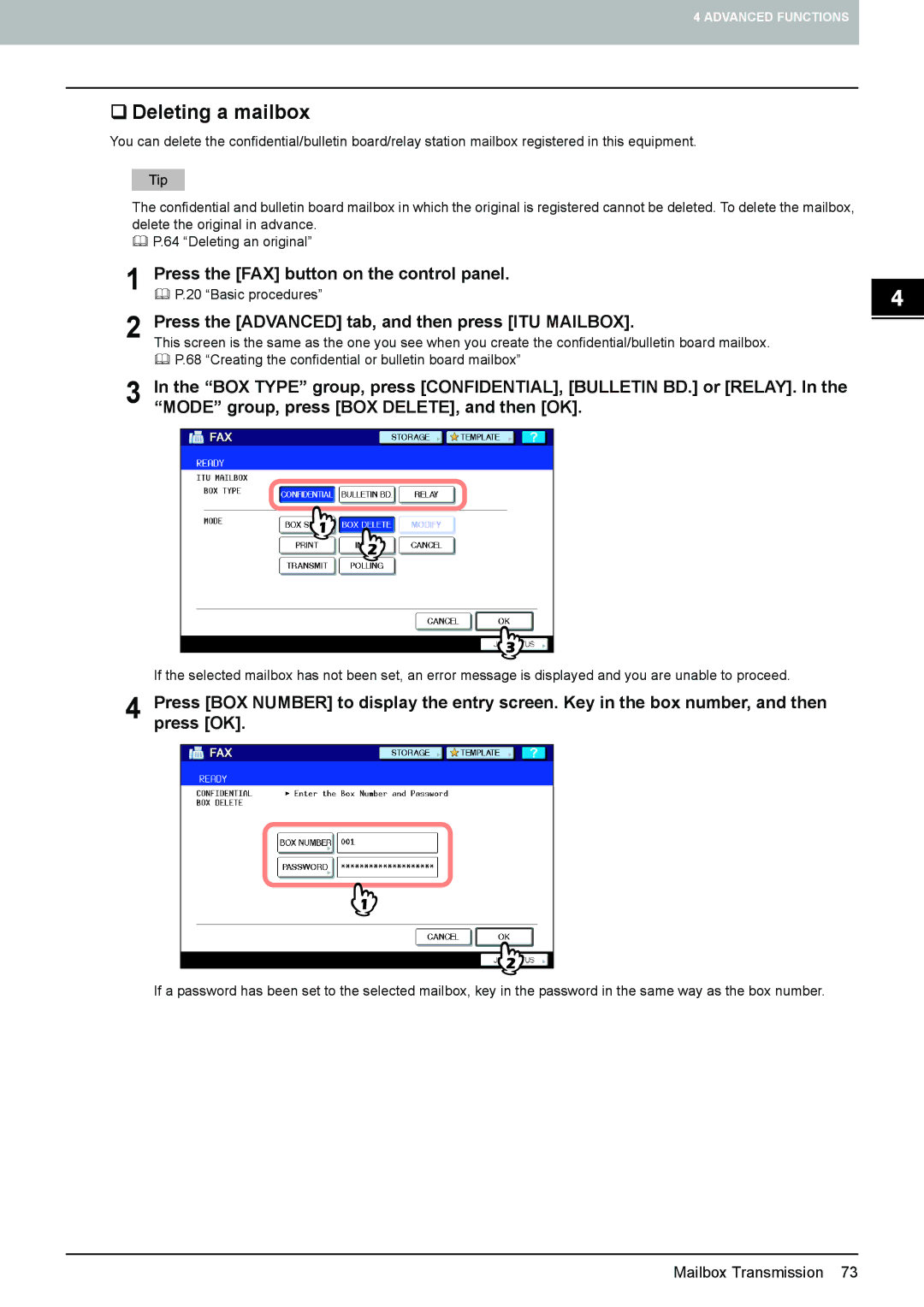 Toshiba GD-1260, GD-1250, GD-1270 manual ‰ Deleting a mailbox, Press the FAX button on the control panel 