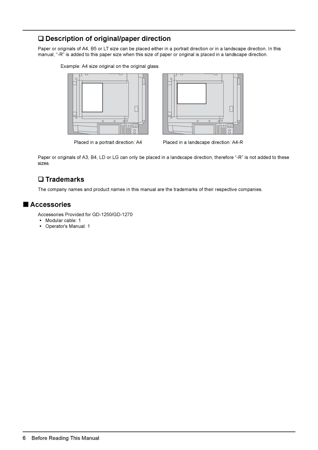 Toshiba GD-1270, GD-1260, GD-1250 manual ‰ Description of original/paper direction, ‰ Trademarks, „ Accessories 