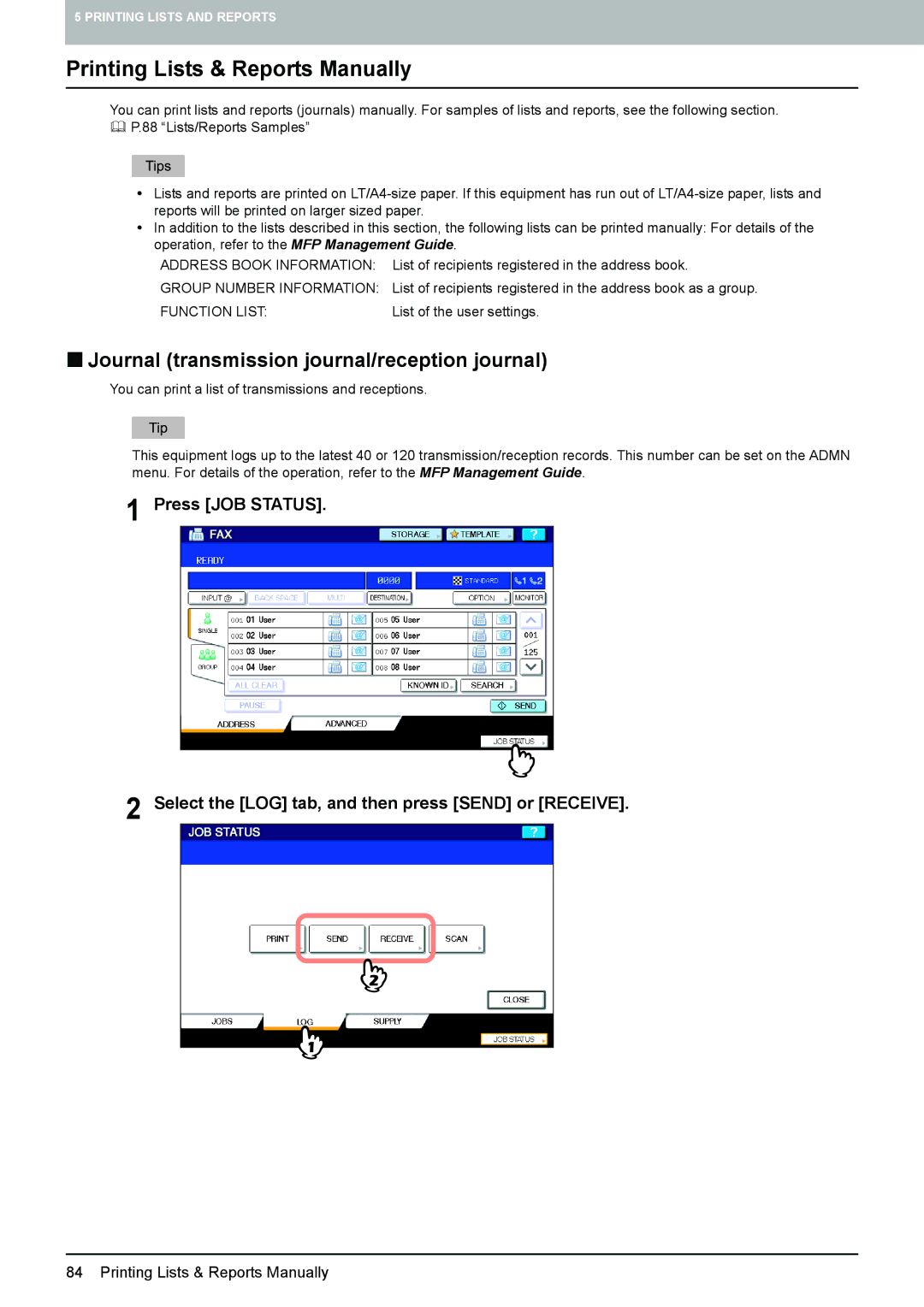 Toshiba GD-1270, GD-1260, GD-1250 manual Printing Lists & Reports Manually, „ Journal transmission journal/reception journal 