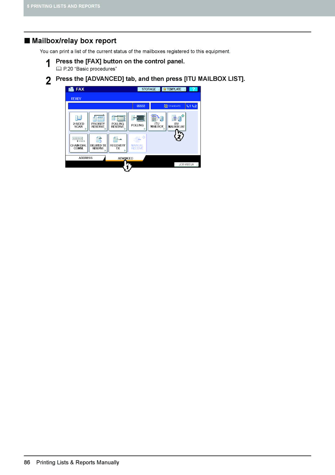 Toshiba GD-1250, GD-1260, GD-1270 manual „ Mailbox/relay box report, Press the Advanced tab, and then press ITU Mailbox List 