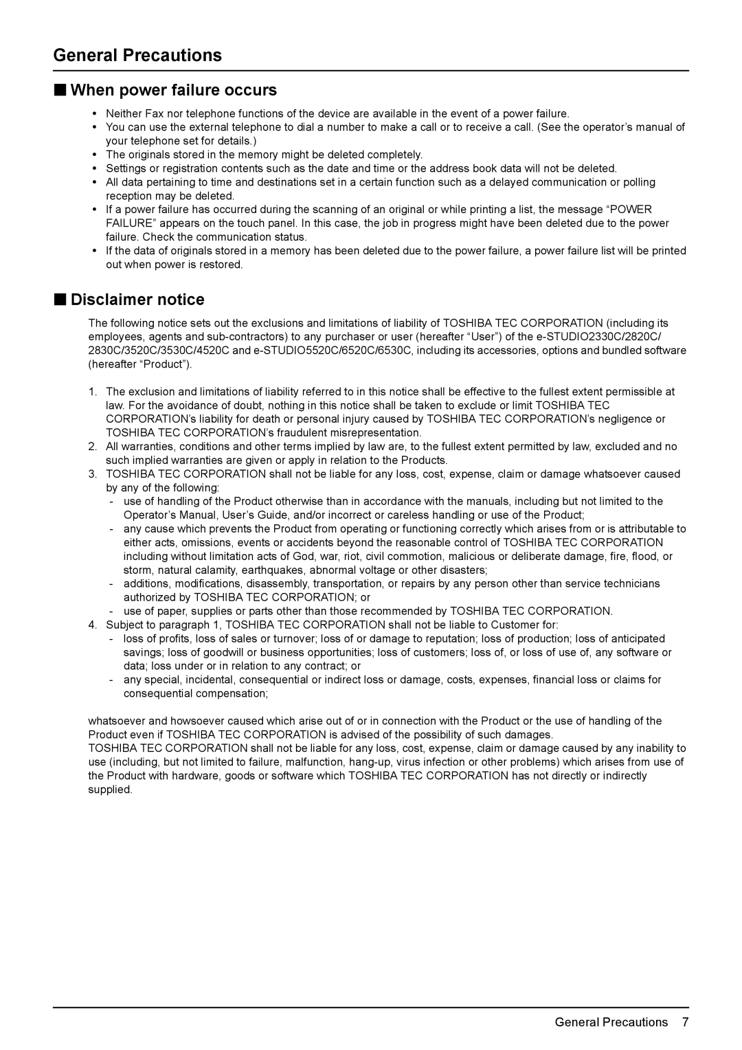 Toshiba GD-1260, GD-1250, GD-1270 manual General Precautions, „ When power failure occurs, „ Disclaimer notice 