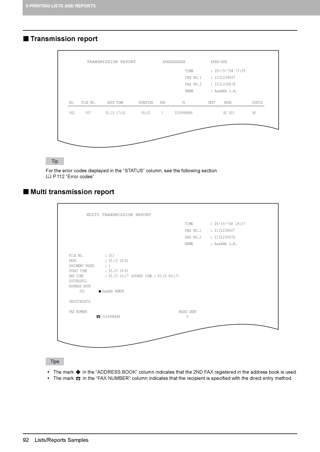 Toshiba GD-1250, GD-1260, GD-1270 manual „ Transmission report, „ Multi transmission report 