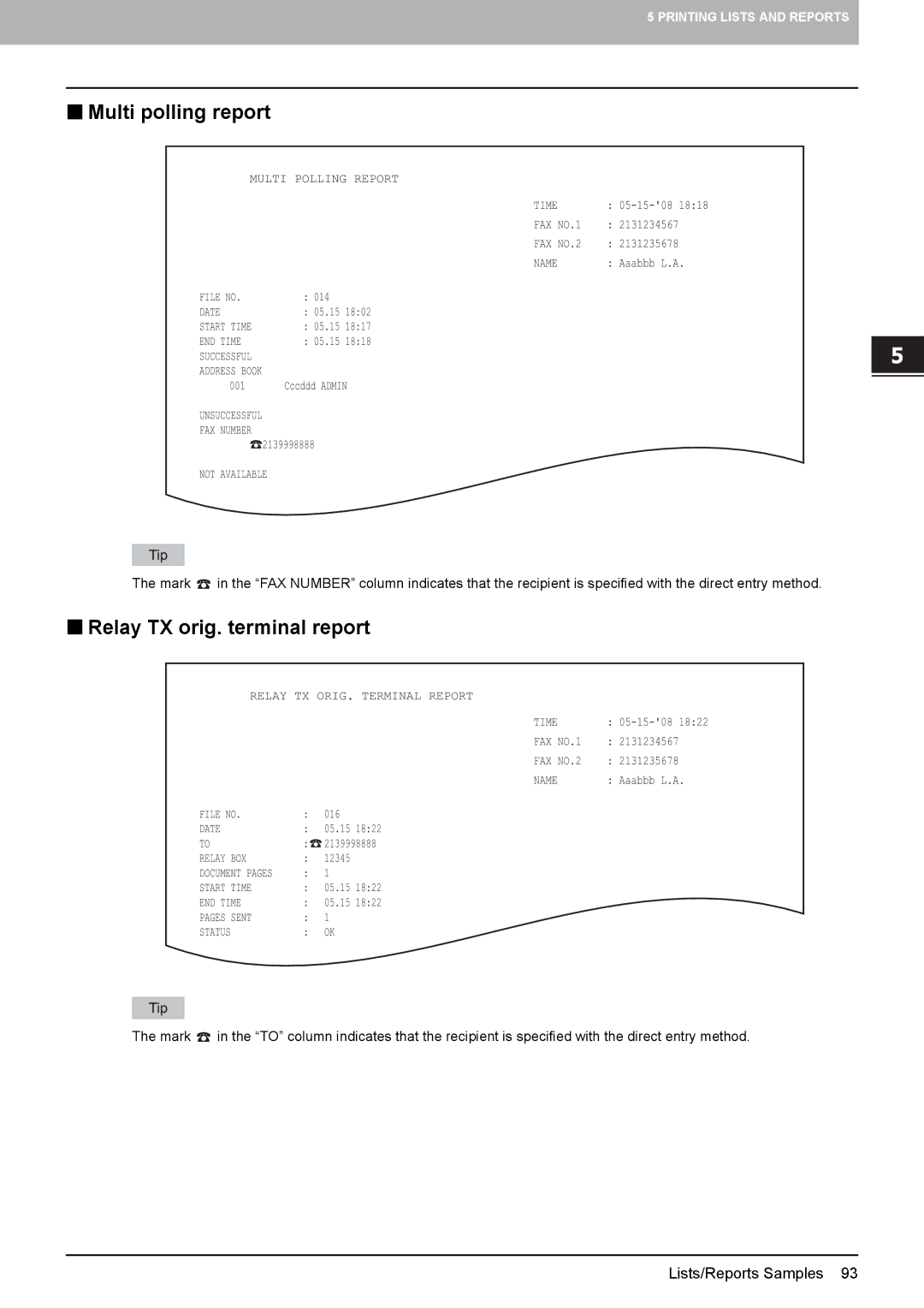 Toshiba GD-1270, GD-1260, GD-1250 manual „ Multi polling report, „ Relay TX orig. terminal report 