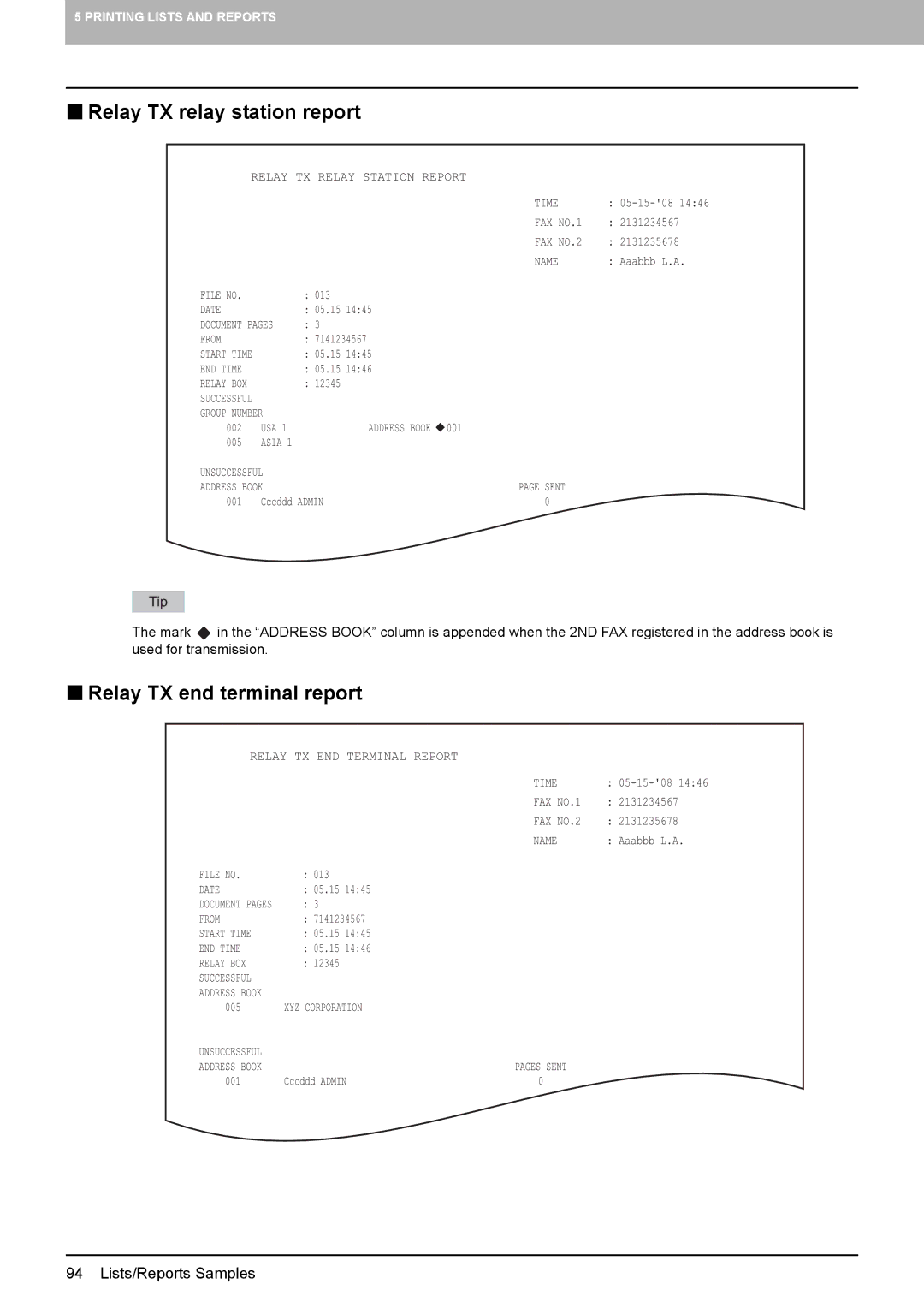 Toshiba GD-1260, GD-1250, GD-1270 manual „ Relay TX relay station report, „ Relay TX end terminal report 