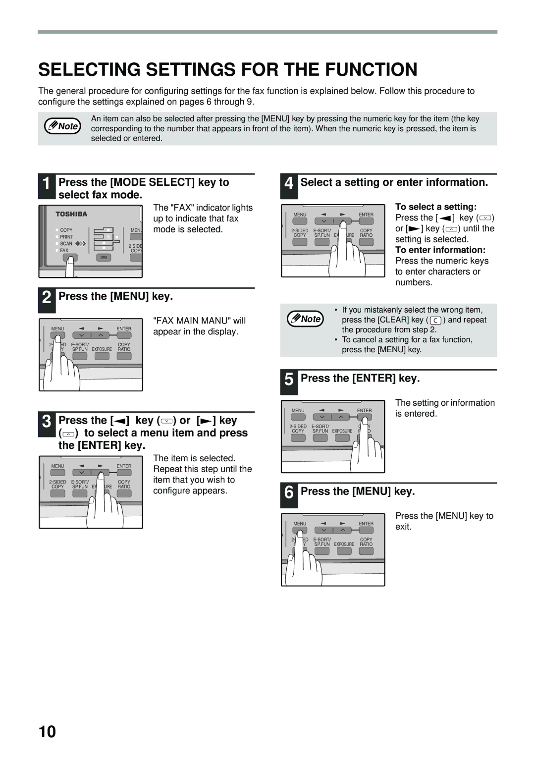 Toshiba GD-1300 Selecting Settings for the Function, Press the Mode Select key to select fax mode, Press the Menu key 