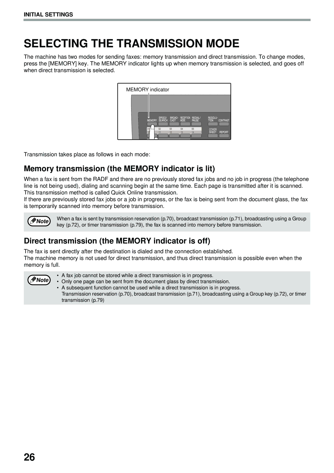 Toshiba GD-1300 manual Selecting the Transmission Mode, Memory transmission the Memory indicator is lit 