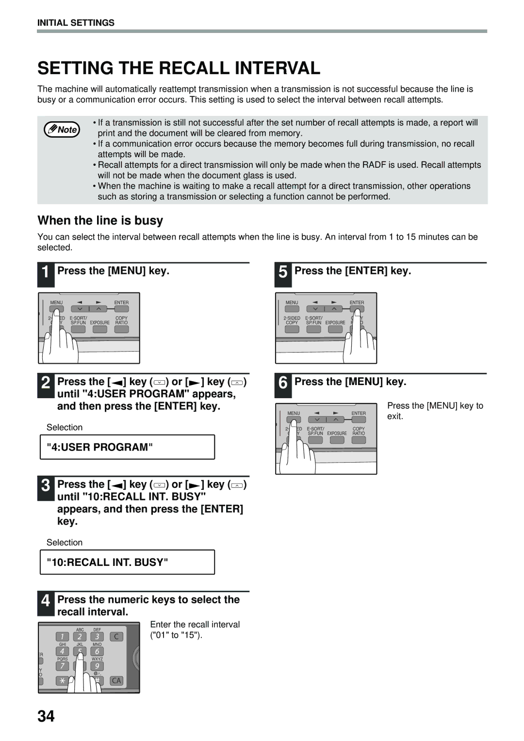 Toshiba GD-1300 Setting the Recall Interval, 10RECALL INT. Busy, Press the numeric keys to select the recall interval 