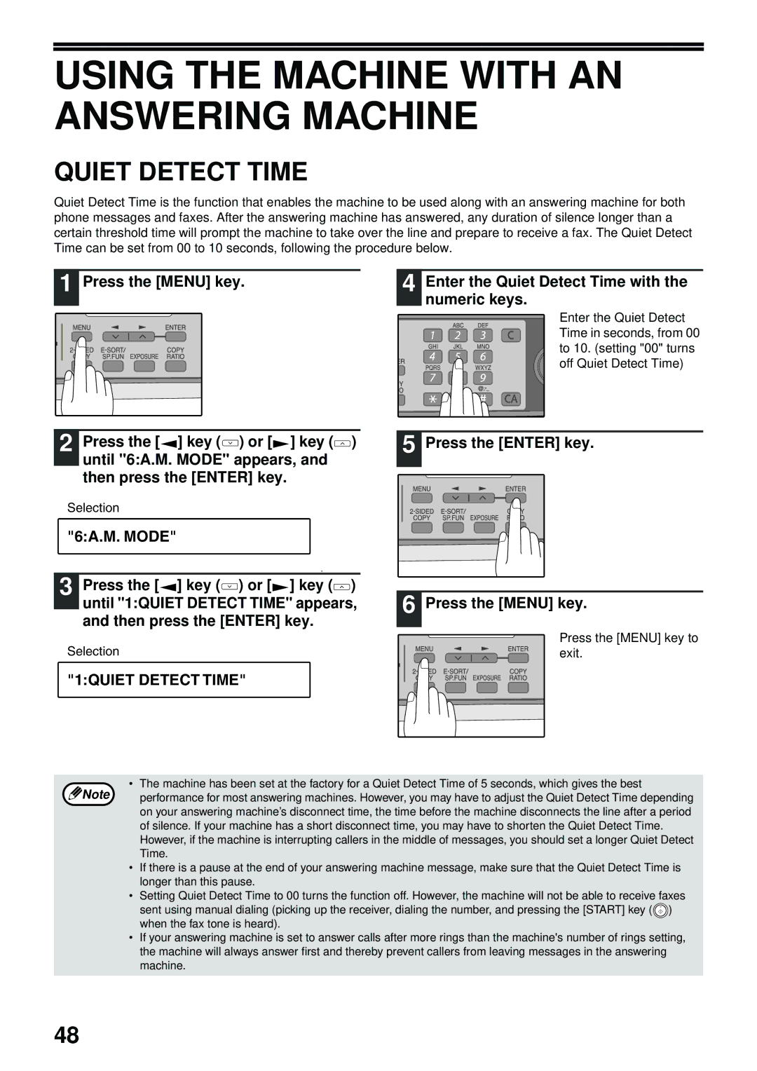 Toshiba GD-1300 manual Using the Machine with AN Answering Machine, Quiet Detect Time, 6A.M. Mode, 1QUIET Detect Time 