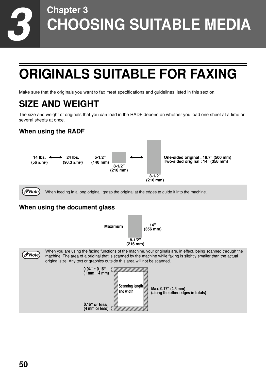 Toshiba GD-1300 manual Originals Suitable for Faxing, Size and Weight, When using the Radf, When using the document glass 