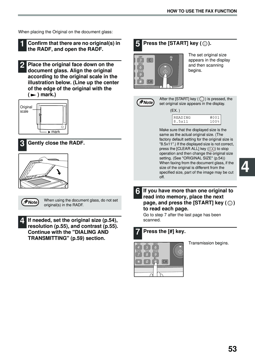 Toshiba GD-1300 manual Gently close the Radf, Press the # key, HOW to USE the FAX Function 