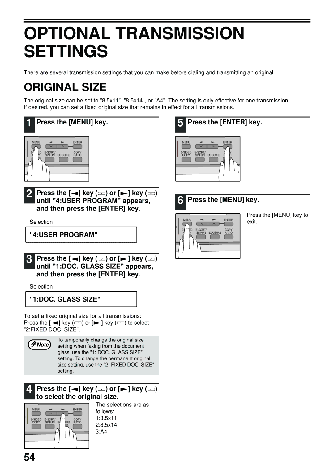 Toshiba GD-1300 manual Optional Transmission Settings, Original Size, 1DOC. Glass Size 