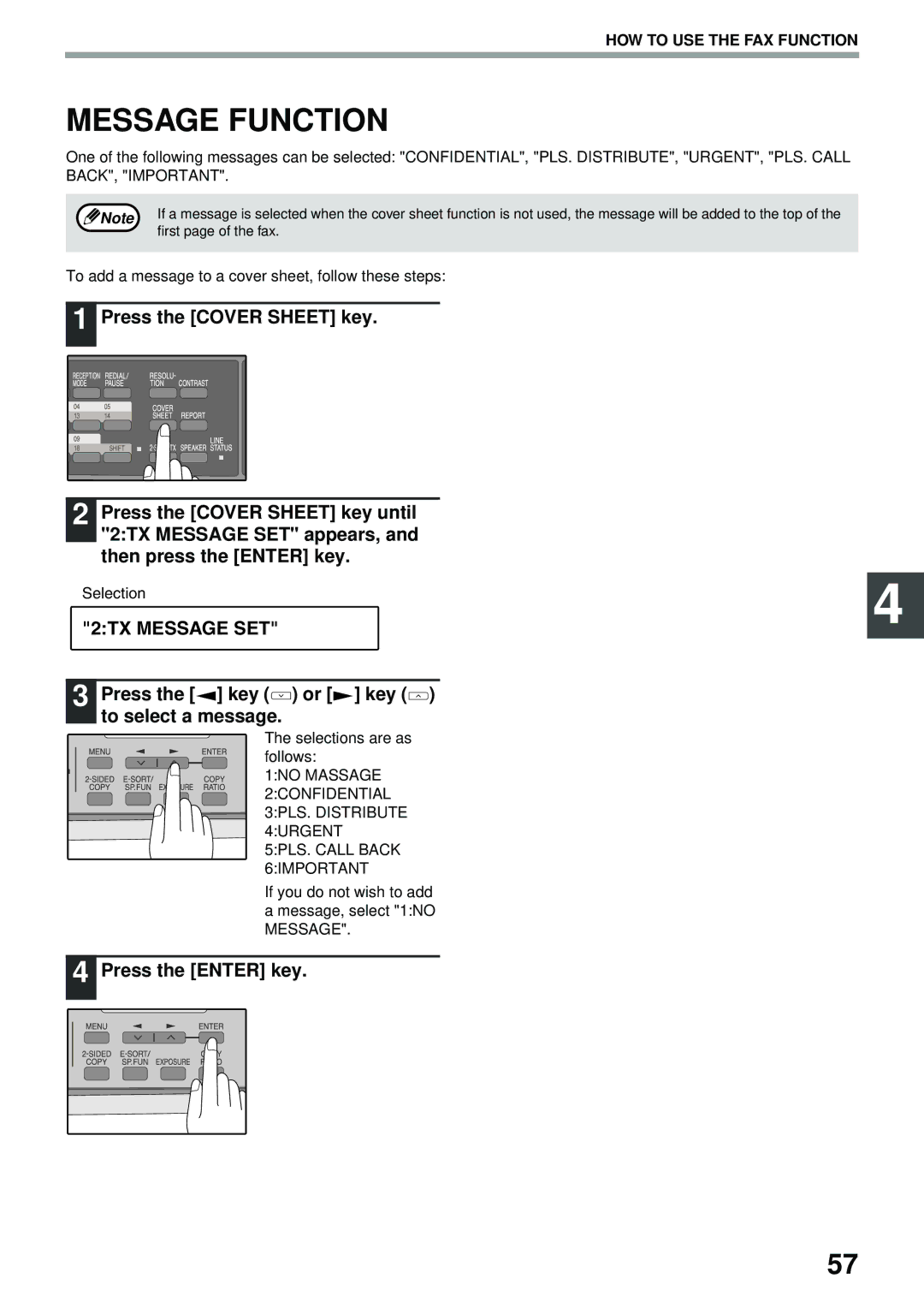 Toshiba GD-1300 manual Message Function, 2TX Message SET, Press the key or key to select a message 