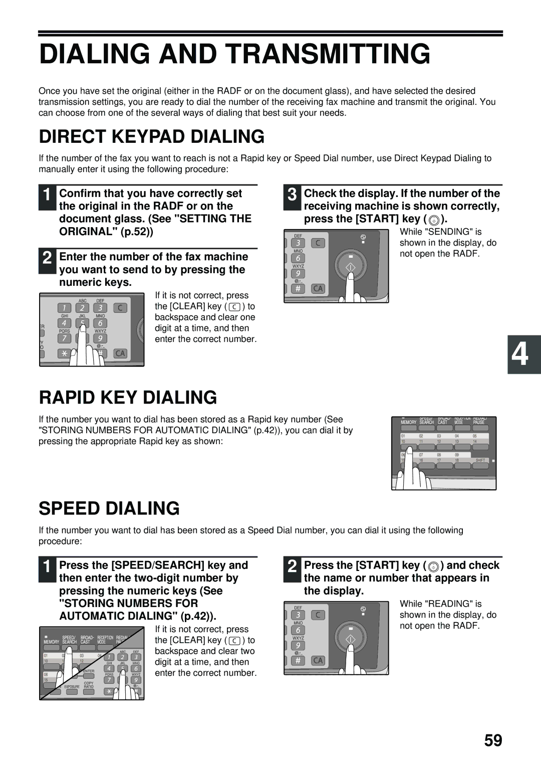 Toshiba GD-1300 manual Dialing and Transmitting, Direct Keypad Dialing, Rapid KEY Dialing, Speed Dialing 