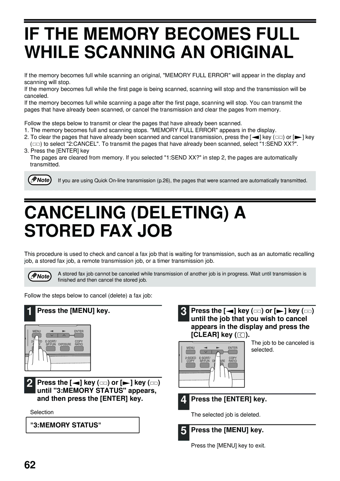 Toshiba GD-1300 If the Memory Becomes Full While Scanning AN Original, Canceling Deleting a Stored FAX JOB, 3MEMORY Status 