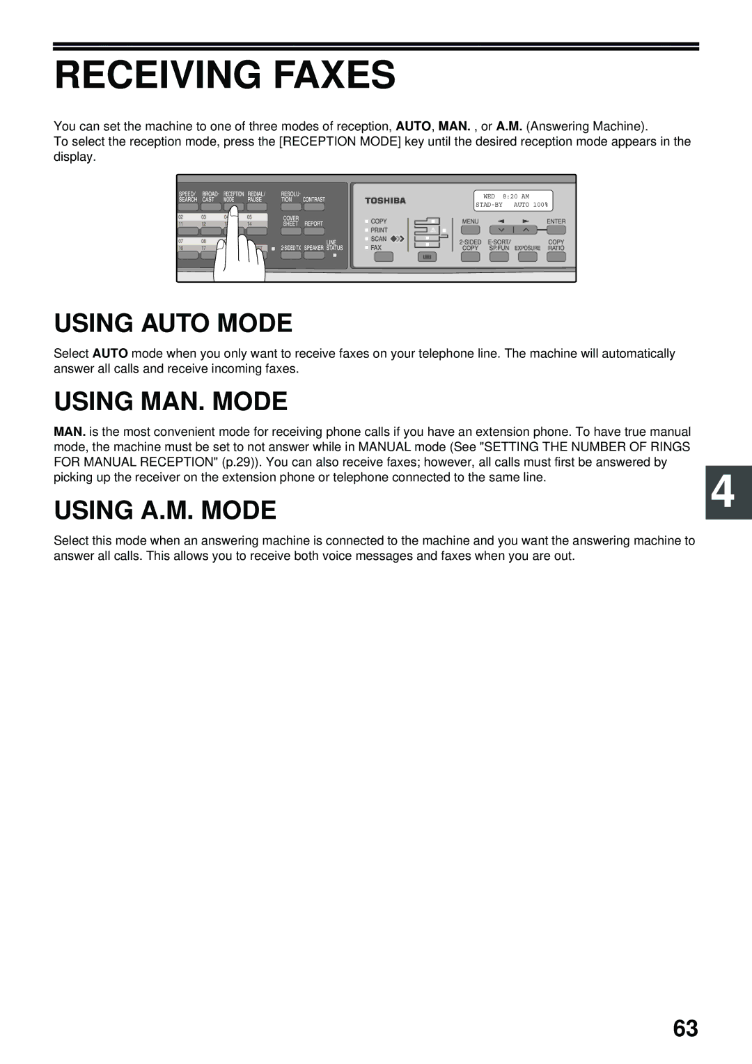 Toshiba GD-1300 manual Receiving Faxes, Using Auto Mode, Using MAN. Mode, Using A.M. Mode 